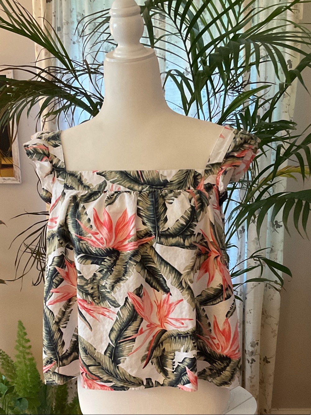 LOFT White Linen Tropical Print Off-Shoulder Top with Coral Accents